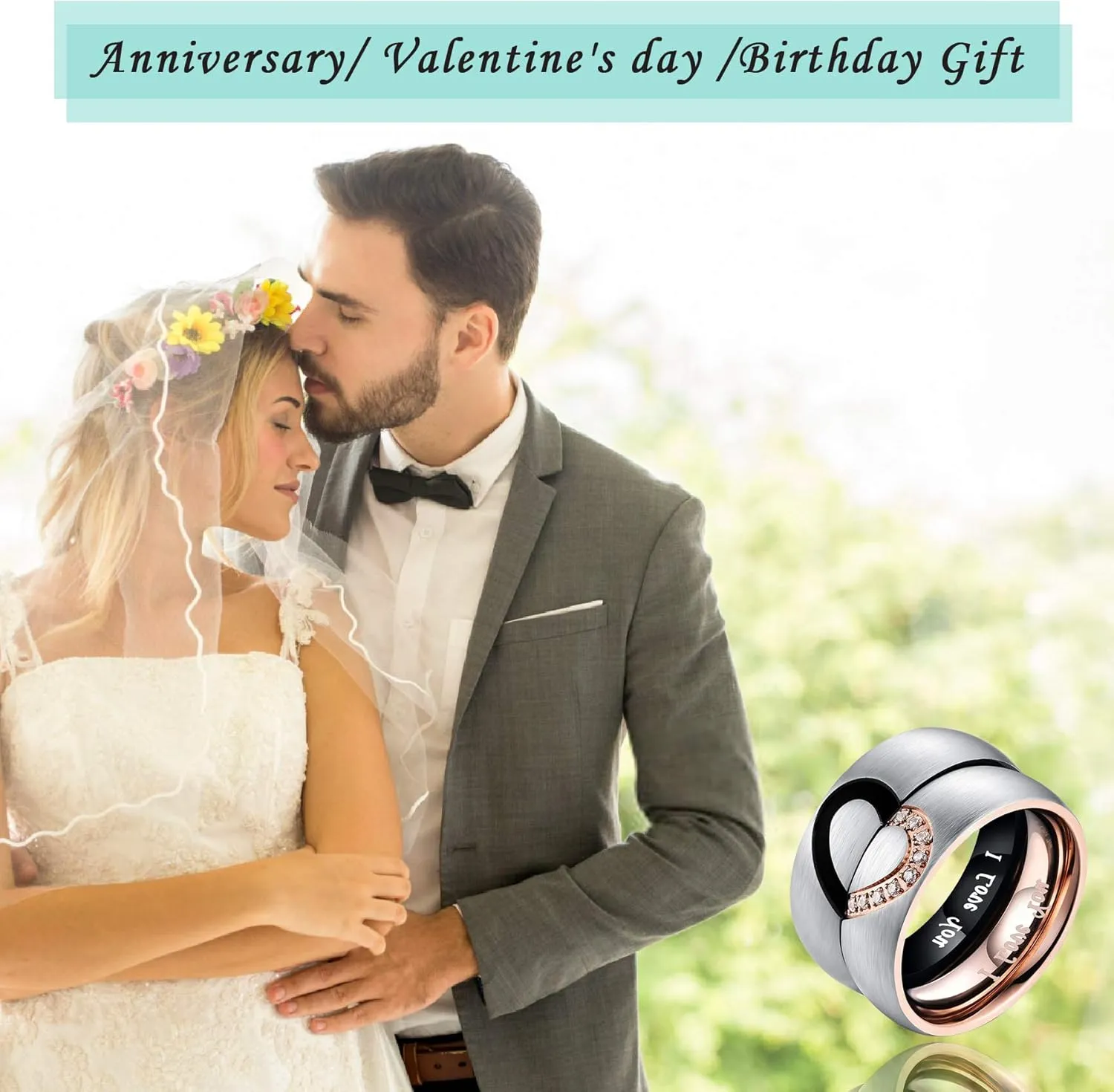 Valentine's Day Gift,6mm Heart Matching Couple Rings for him and her Stainless Steel Wedding Engagement Bands Sets Promise Rings for Couples, Engraved I Love You with Box Chain Anniversary Birthday