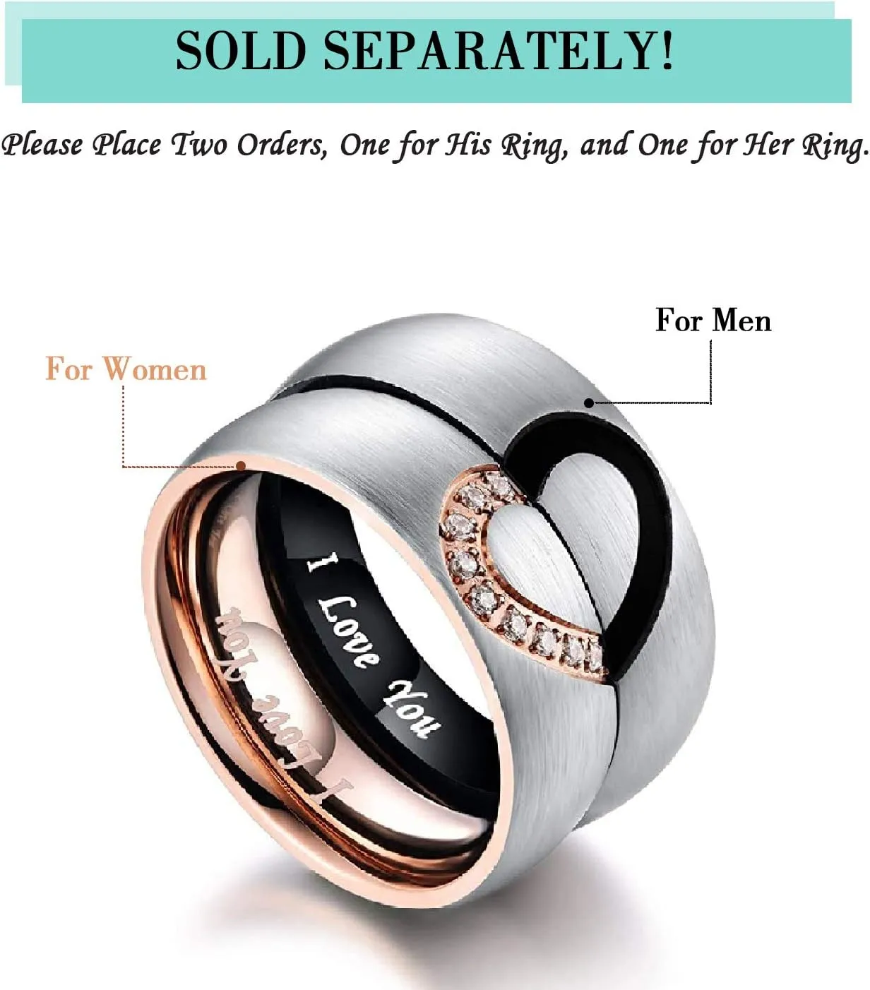 Valentine's Day Gift,6mm Heart Matching Couple Rings for him and her Stainless Steel Wedding Engagement Bands Sets Promise Rings for Couples, Engraved I Love You with Box Chain Anniversary Birthday