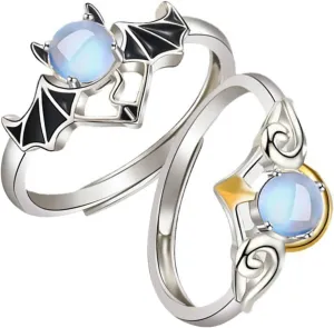 VALICLUD 2Pcs Angel and Devil Couples Rings Creative Moonstone Matching Rings for Men and Women Unique Valentine's Day Present for Lovers Stylish Relationship Jewelry