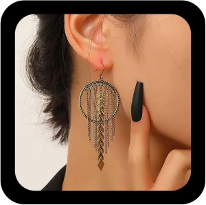 Vintage Circle Chain Drop Earrings Olive Leaf Earrings Gold Leaves Dangle Chain Tassel Dangle Hollow Circle Hoop Jewelry for Women