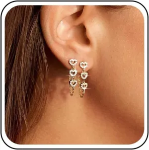 Vintage Crystal Heart Chain Drop Earrings Gold Cz Heart Tassel Earrings Hollow Heart Rhinestone Earrings Crystal Chain Tassel Hoop Earrings Jewelry for Women