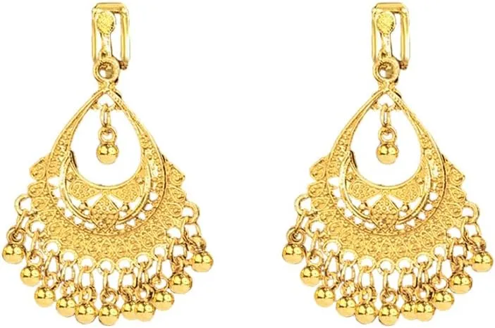 Vintage Indian Jhumka Jhumki Statement Clip On Earring Boho Ethnic for Women Bollywood Traditional Gypsy Bohemian Gold Small Balls Tassel Dangle Drop Festival Holiday Party Non Pierced Ears Jewelry
