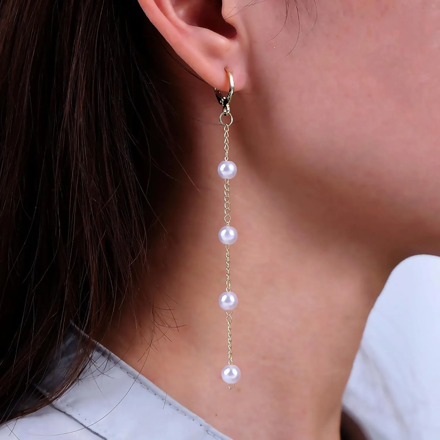 Vintage Pearl Drop Earrings Gold Pearl Tassel Earrings Long Pearl Huggie Hoop Earrings Wedding Pearl Chain Earrings Jewelry for Women and Girls