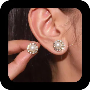 Vintage Pearl Halo Stud Earrings Cz Pearl Stud Earrings Gold Crystal Pearl Earrings Wedding Pearl Earrings Pearl Rhinestone Earrings Jewelry for Women