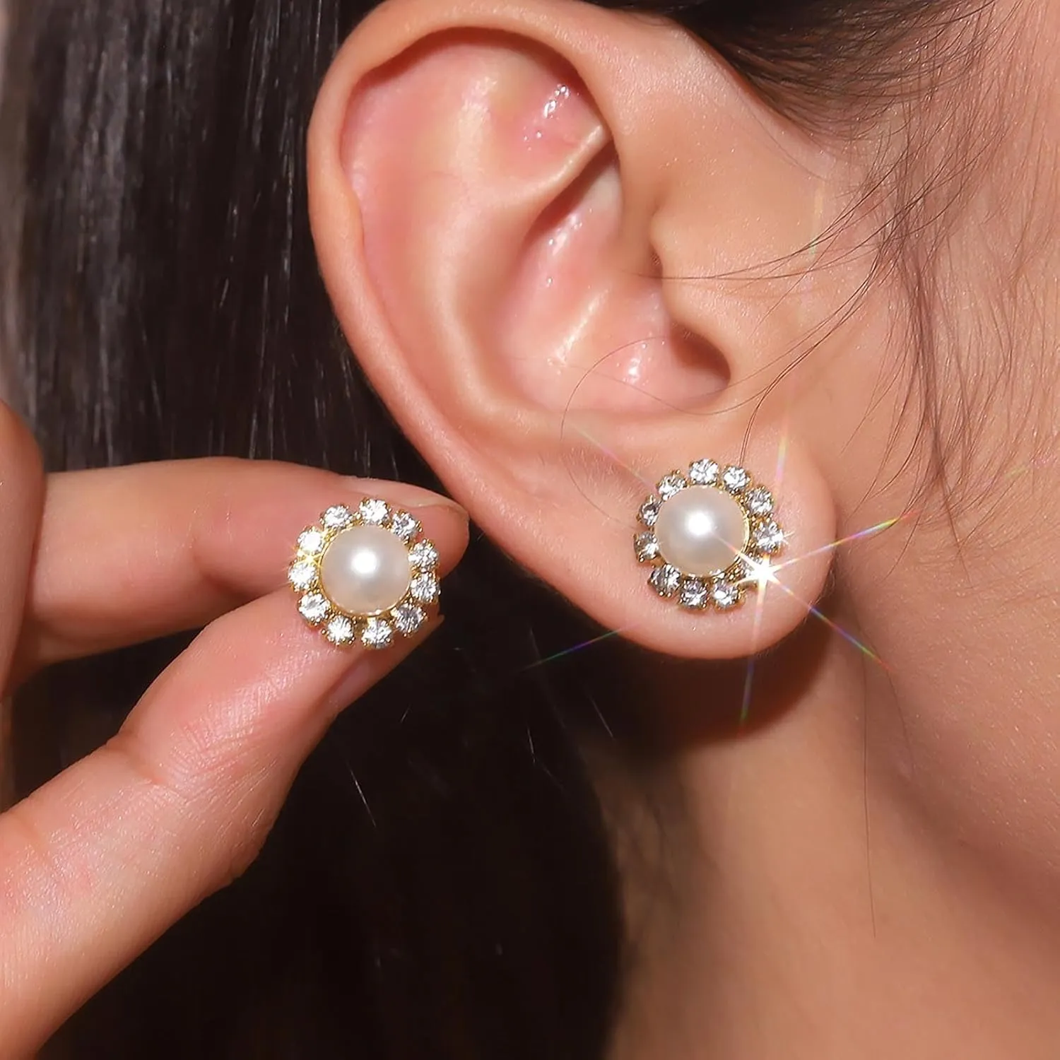 Vintage Pearl Halo Stud Earrings Cz Pearl Stud Earrings Gold Crystal Pearl Earrings Wedding Pearl Earrings Pearl Rhinestone Earrings Jewelry for Women