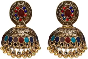 Vintage Round Ball Tassel Beads Stud Earrings For Women Bohemian Ethnic Retro Style Chandelier Colorful Crystal Gypsy Dangling Drop Earring Jhumka Jhumki Indian Bollywood Tribal Statement Jewelry Gift