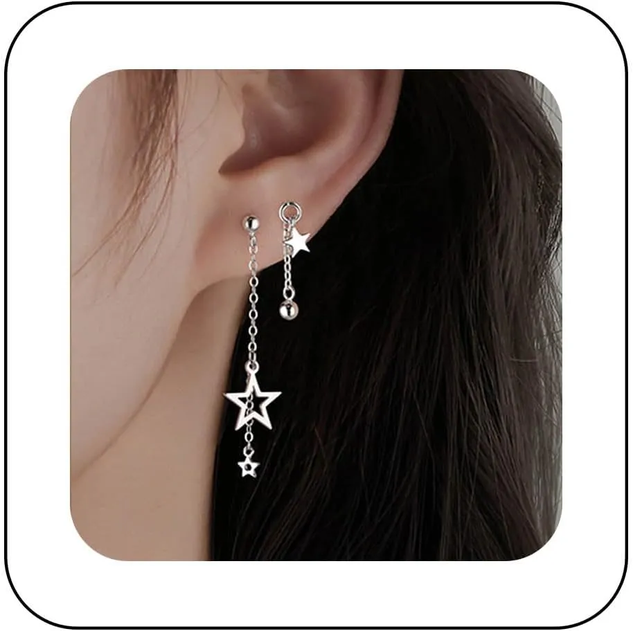 Vintage Star Tassel Dangle Earrings Silver Star Drop Earrings Hollow Star Chain Earrings Asymmetrical Star Earrings Jewelry for Women