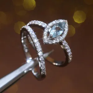 Vsoruln Matching Promise Rings for Couples, Sky Blue Emerald Imitation Evil Eye Zircon Ring Engagement Wedding Ring Band Sets for Him and Her Silver Plated CZ Single Row of Diamonds Couples Gifts (8)