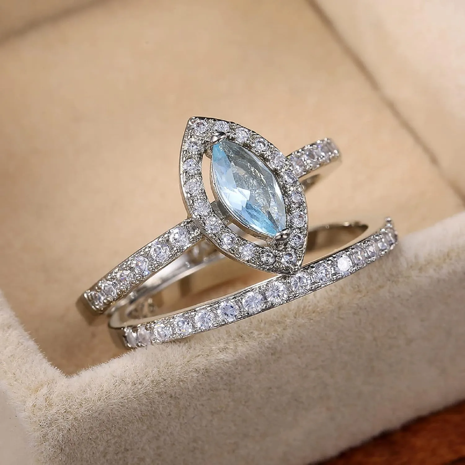 Vsoruln Matching Promise Rings for Couples, Sky Blue Emerald Imitation Evil Eye Zircon Ring Engagement Wedding Ring Band Sets for Him and Her Silver Plated CZ Single Row of Diamonds Couples Gifts (8)