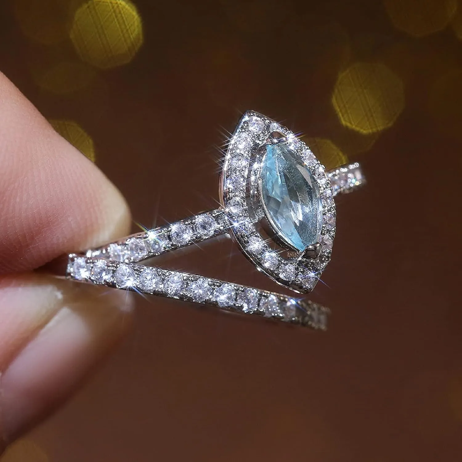 Vsoruln Matching Promise Rings for Couples, Sky Blue Emerald Imitation Evil Eye Zircon Ring Engagement Wedding Ring Band Sets for Him and Her Silver Plated CZ Single Row of Diamonds Couples Gifts (8)