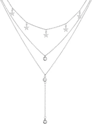 WangGao Stainless Steel Crystal Star Choker Tassel Handmade Y Shape Long Pendant Multilayer Necklaces 3 Layer Chains Necklaces Set for Women,Silver