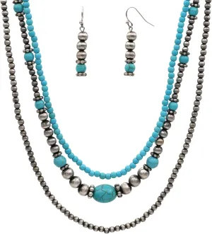Western Style Turquoise Stone and Faux Navajo Pearl Triple Layered 16-18" Set of 3 Necklaces and Earrings