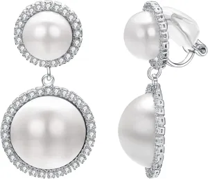 White Pearl Dangle Earrings for Women Gold Plated Cubic Zirconia Earrings Long Drop Jewelry Gift