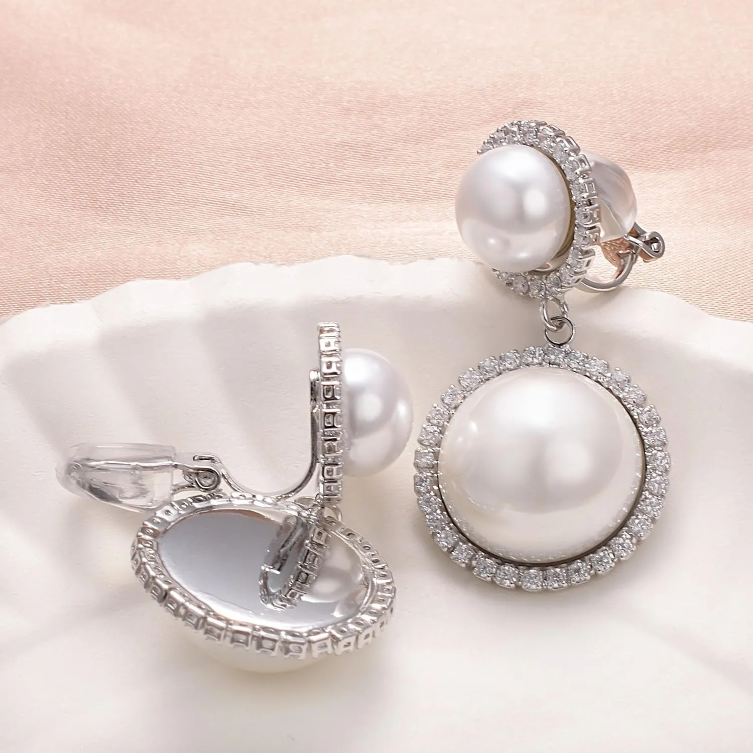 White Pearl Dangle Earrings for Women Gold Plated Cubic Zirconia Earrings Long Drop Jewelry Gift