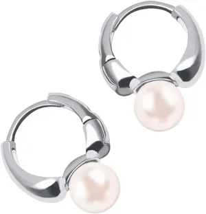 White Pearl Drop Earrings for Women Sterling Silver Small Hoop Earrings with Pearl Huggie Hoops Earrings Studs 18K Gold Plated/White Gold Plated Dainty Pearl Jewelry Gift Hypoallergenic