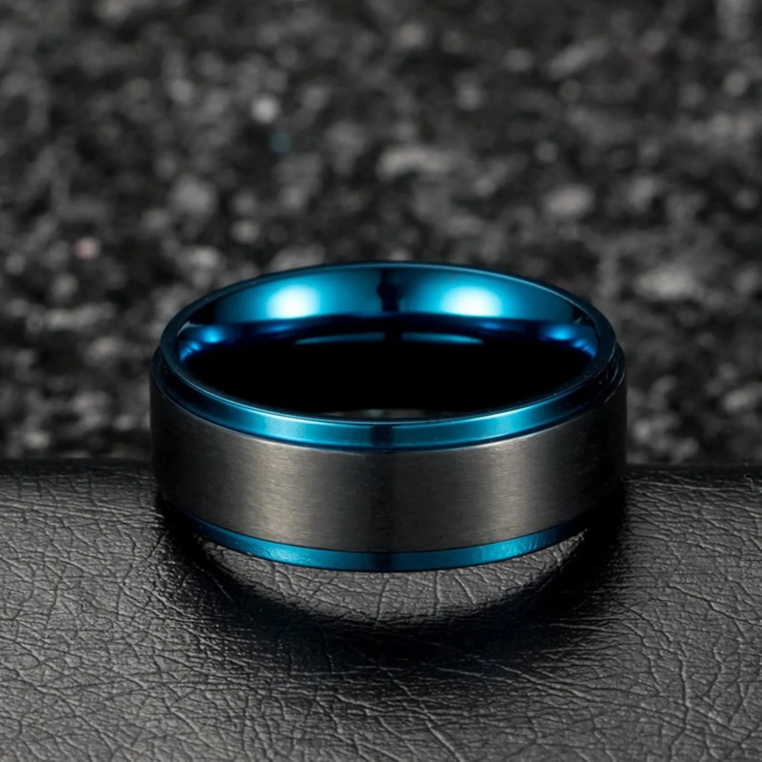 Women's Promise Rings, Rings for Men Stainless Steel Blue and Black Brushed Ring 8mm Valentine's Day Couple Rings