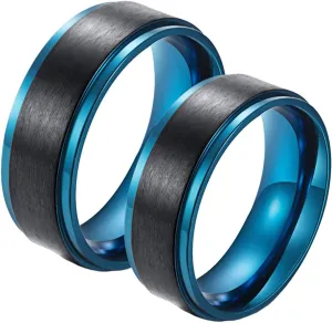 Women's Promise Rings, Rings for Men Stainless Steel Blue and Black Brushed Ring 8mm Valentine's Day Couple Rings