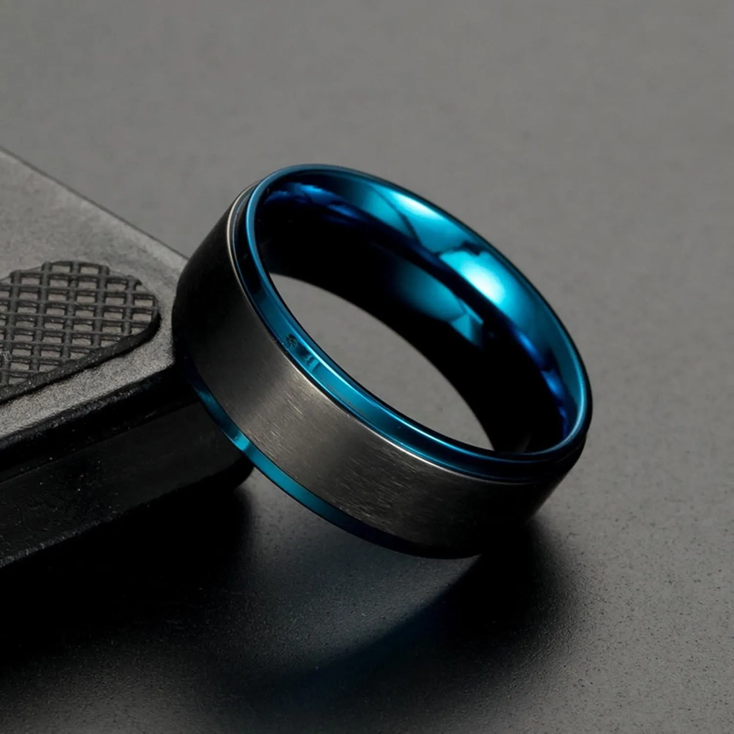 Women's Promise Rings, Rings for Men Stainless Steel Blue and Black Brushed Ring 8mm Valentine's Day Couple Rings