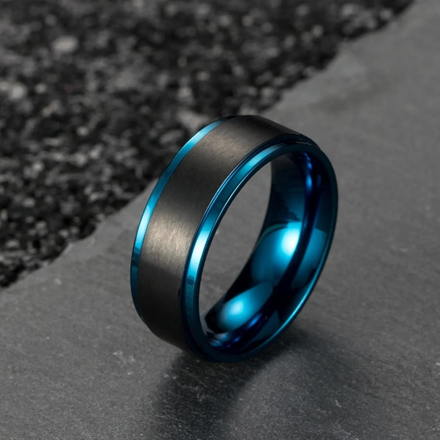 Women's Promise Rings, Rings for Men Stainless Steel Blue and Black Brushed Ring 8mm Valentine's Day Couple Rings