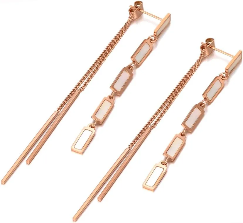Women's Rose Gold Plated Stainless Steel Long Tassel Dangle Earrings with White Geometric Accents