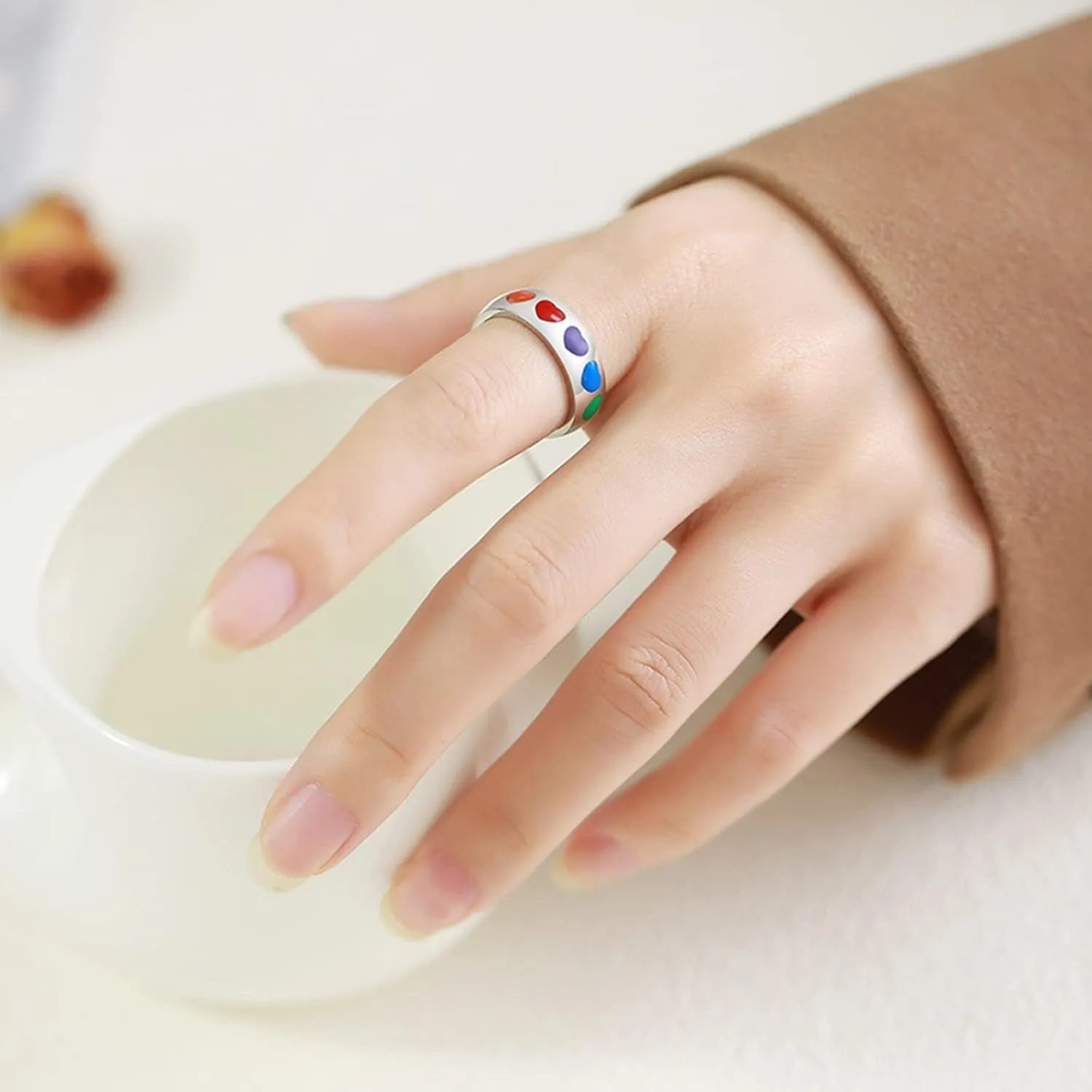 Women's Silver Rings, Steel Rings for Women Silver LGBT Ring with Rainbow Heart Enamel Valentine's Day Couple Rings