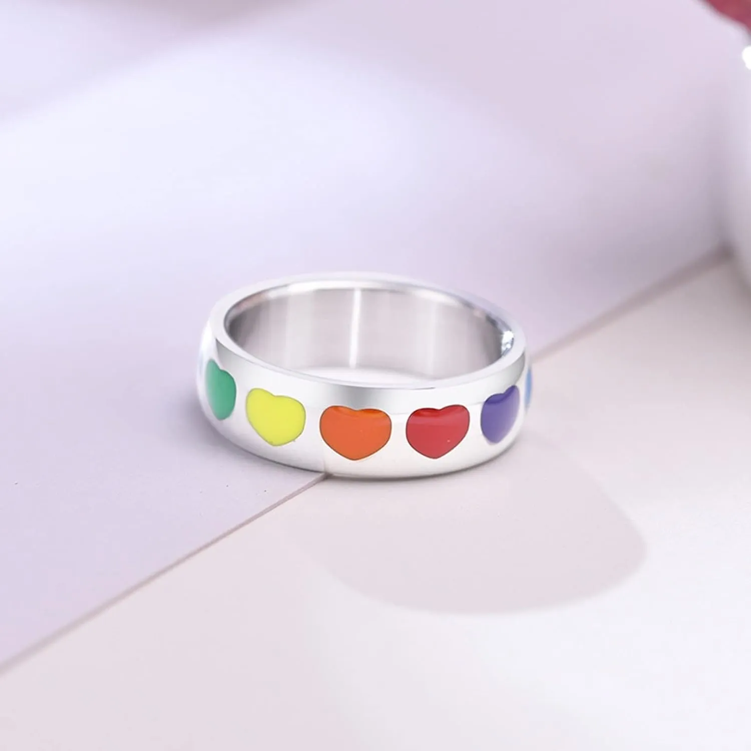Women's Silver Rings, Steel Rings for Women Silver LGBT Ring with Rainbow Heart Enamel Valentine's Day Couple Rings