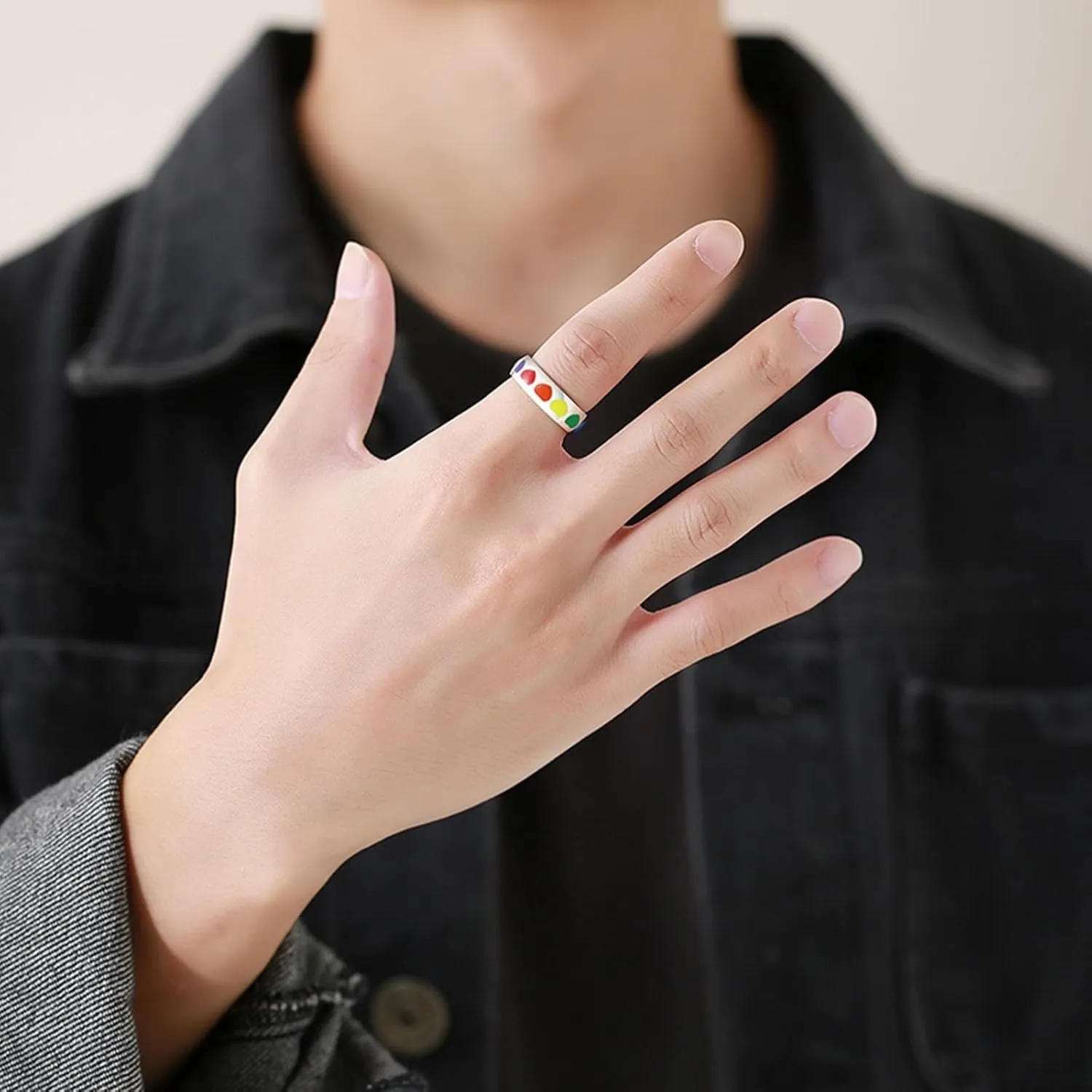 Women's Silver Rings, Steel Rings for Women Silver LGBT Ring with Rainbow Heart Enamel Valentine's Day Couple Rings