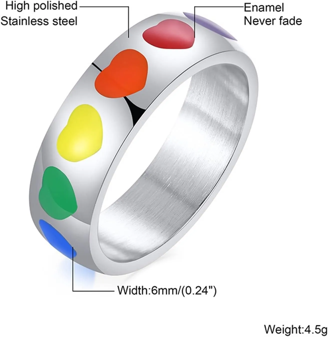 Women's Silver Rings, Steel Rings for Women Silver LGBT Ring with Rainbow Heart Enamel Valentine's Day Couple Rings