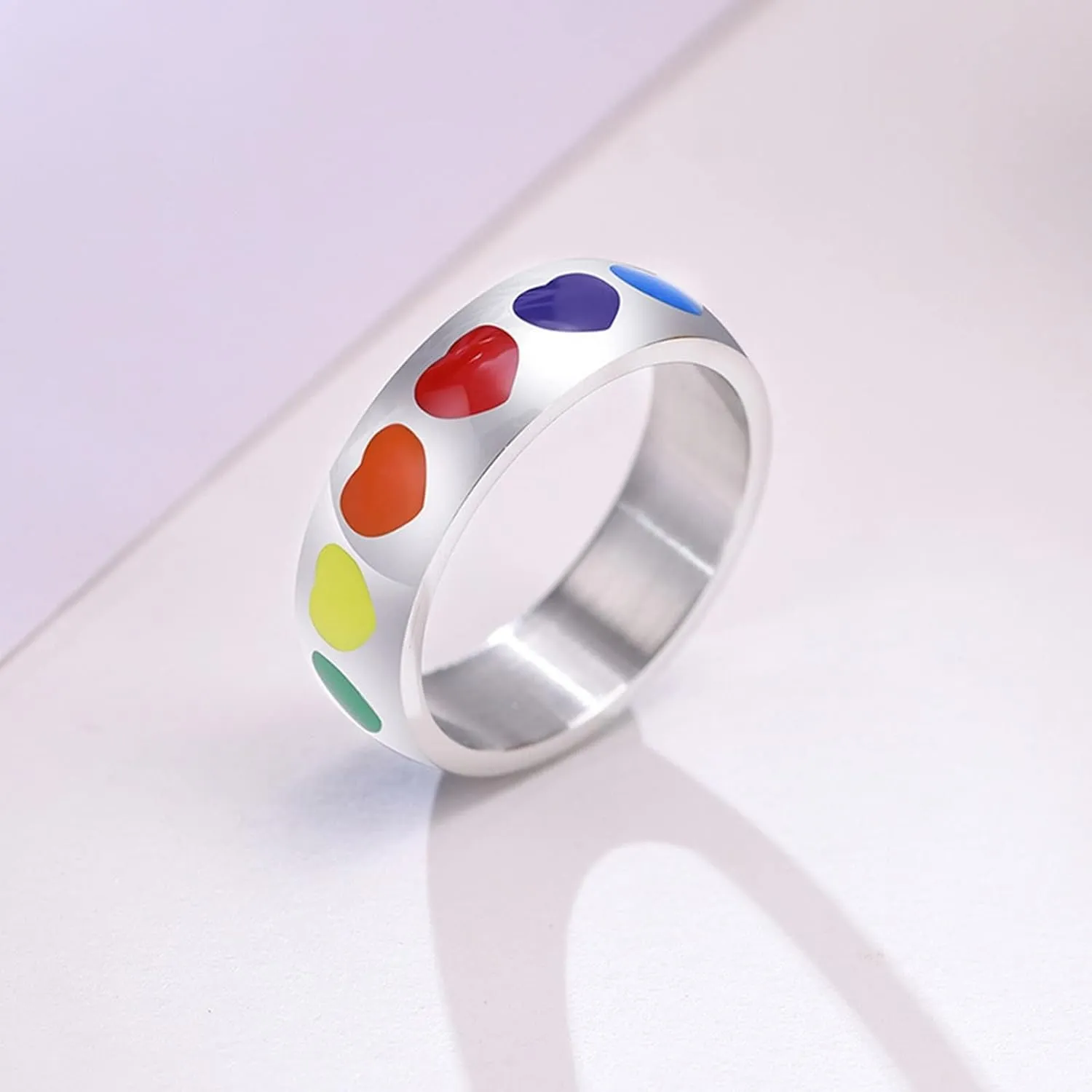 Women's Silver Rings, Steel Rings for Women Silver LGBT Ring with Rainbow Heart Enamel Valentine's Day Couple Rings