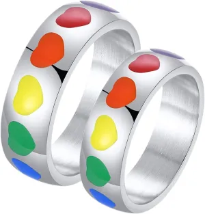 Women's Silver Rings, Steel Rings for Women Silver LGBT Ring with Rainbow Heart Enamel Valentine's Day Couple Rings