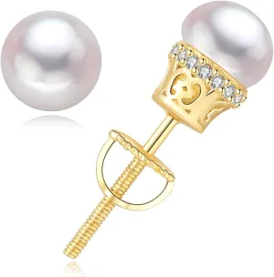 YAMI 925 Sterling Silver Pearl Earrings with Screw Back, Freshwater Cultured Pearls White Gold Plated Cubic Zirconia Stud Earrings for Women Men