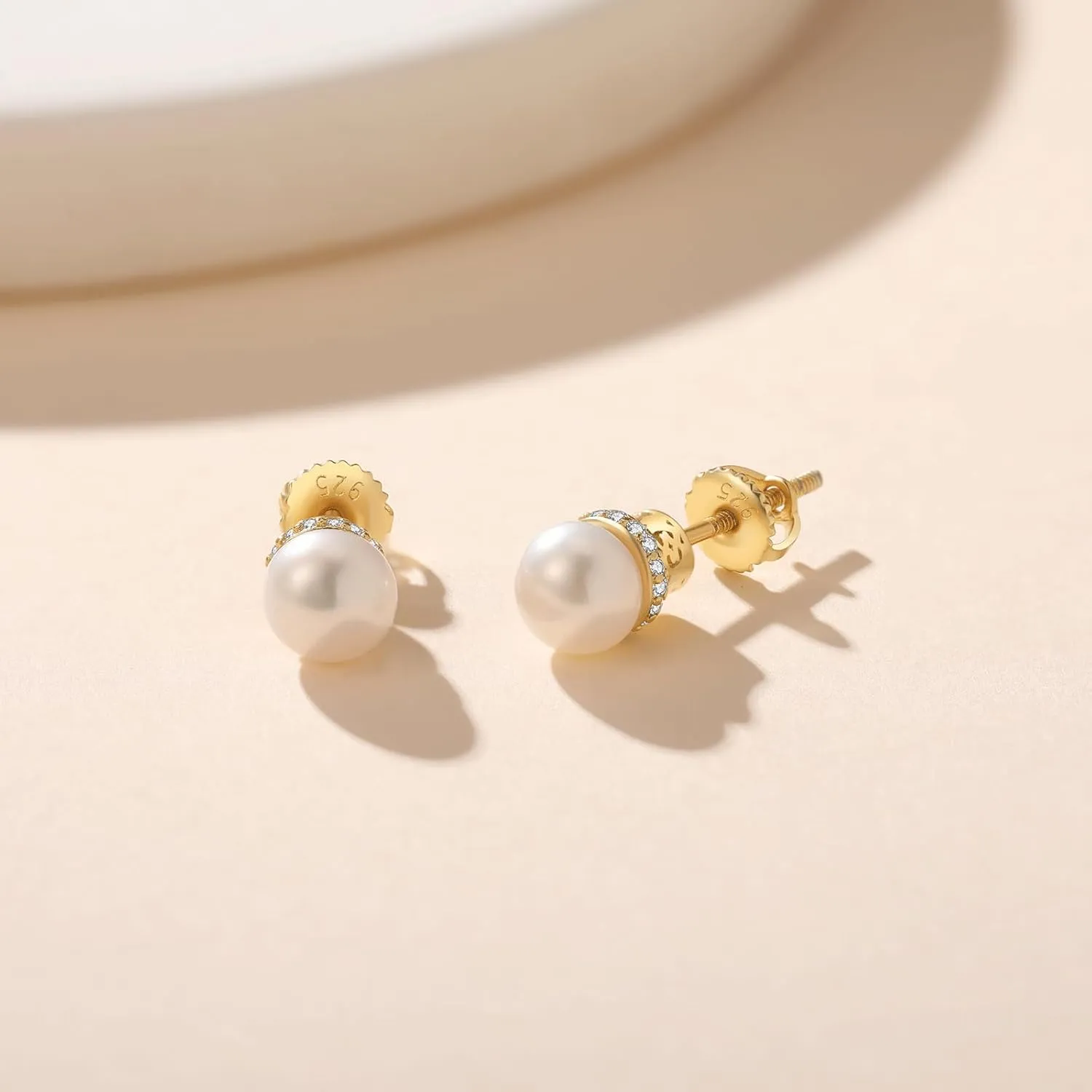 YAMI 925 Sterling Silver Pearl Earrings with Screw Back, Freshwater Cultured Pearls White Gold Plated Cubic Zirconia Stud Earrings for Women Men