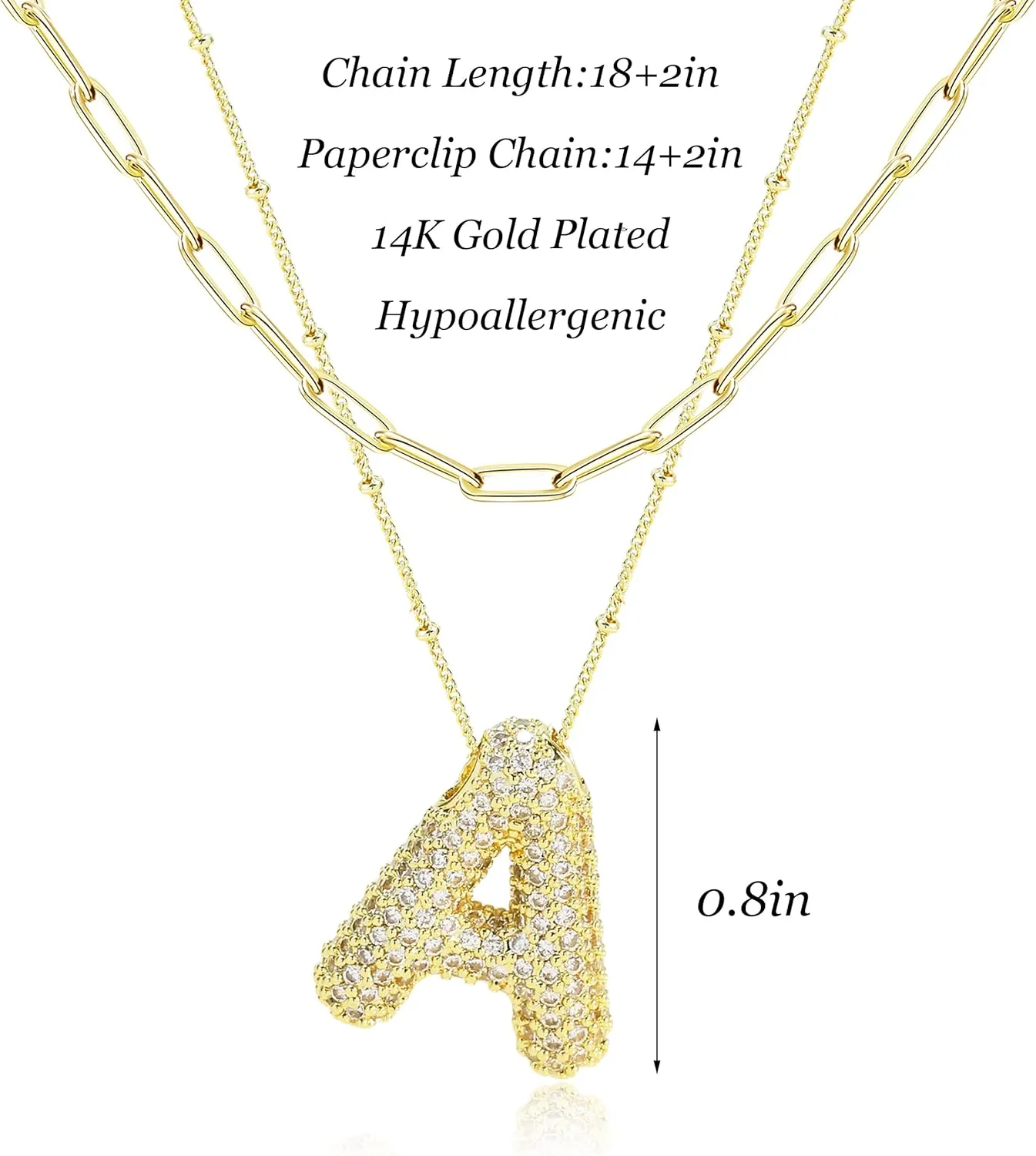 YANCHUN Letter Necklace Gold Layered Initial Necklaces for Women Rhinestone Charm A-Z Pendant Necklace Dainty Layered Paperclip Chain Letter Pendant Necklaces