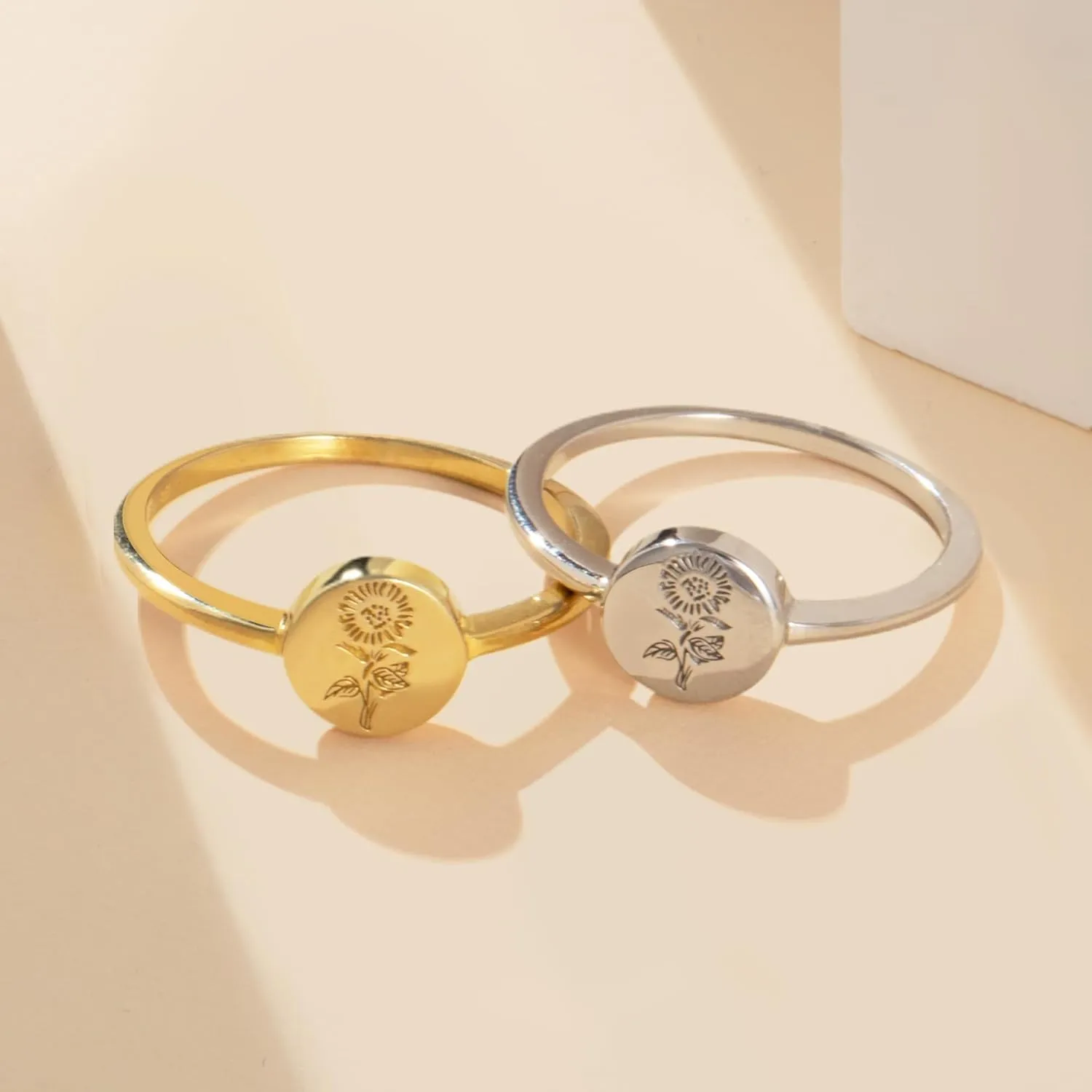 YeGieonr 18K Gold Plated Sterling Silver Rings for Women, Handmade Engraved Sunflower Flower Signet Rings Minimalistic Statement Ring, Delicate Jewelry Gift for Women/Girls