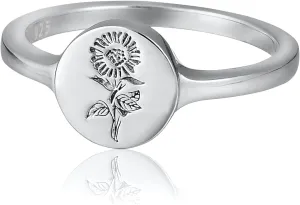 YeGieonr 18K Gold Plated Sterling Silver Rings for Women, Handmade Engraved Sunflower Flower Signet Rings Minimalistic Statement Ring, Delicate Jewelry Gift for Women/Girls