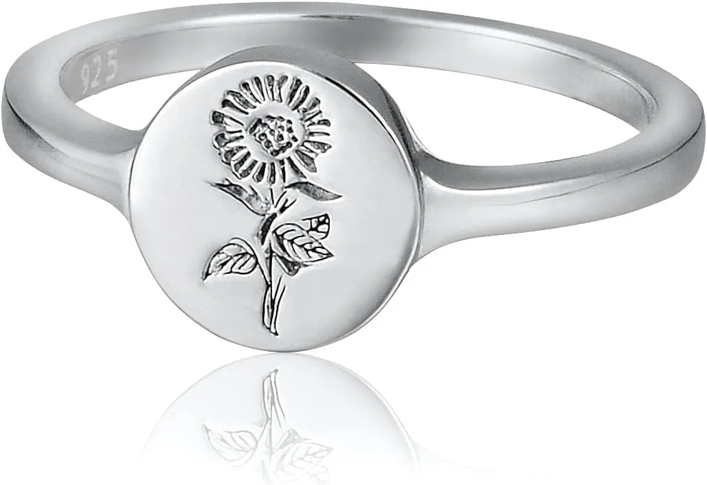 YeGieonr 18K Gold Plated Sterling Silver Rings for Women, Handmade Engraved Sunflower Flower Signet Rings Minimalistic Statement Ring, Delicate Jewelry Gift for Women/Girls