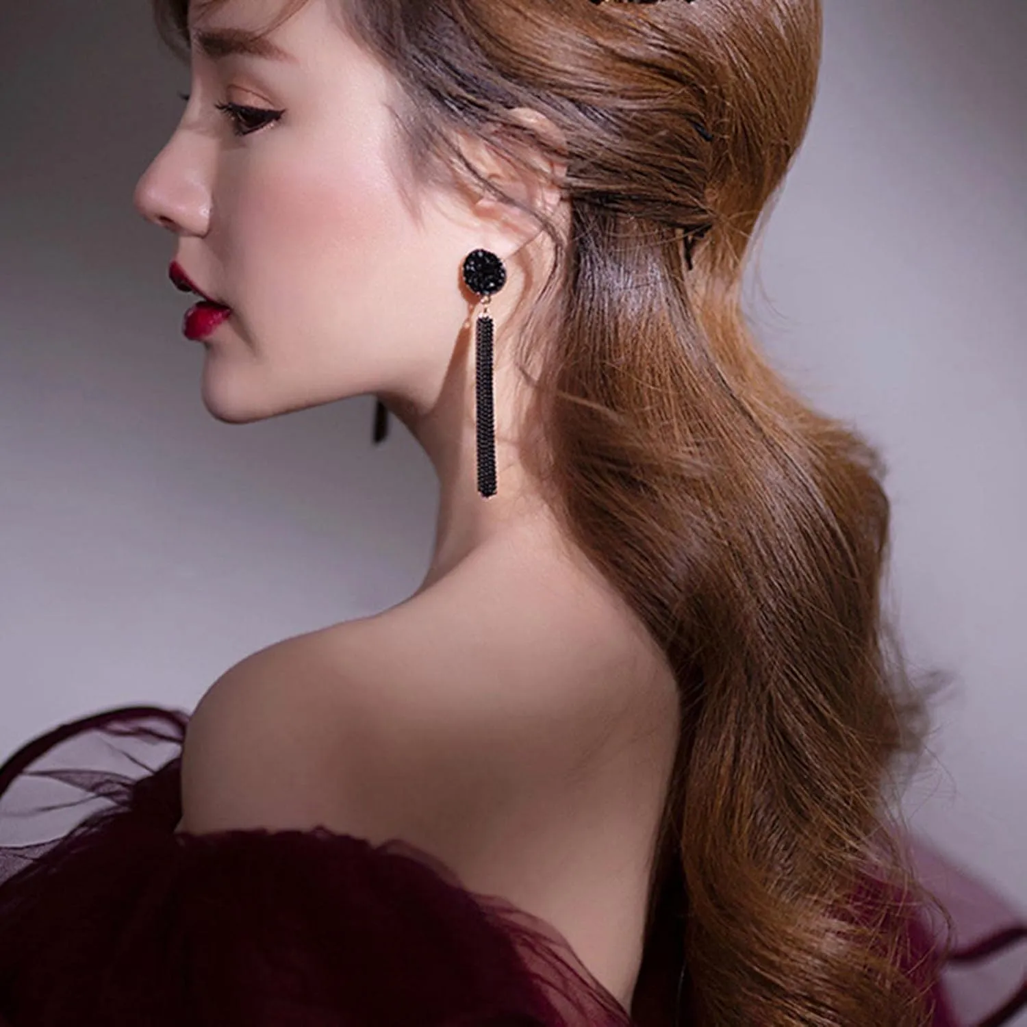 YienDoo Black Long Tassel Earrings Vintage Dot Studs Long Fringe Chain Dangle Drop Earrings Unique Black Geometric Round Stud Earrings Statement Tassel Earrings Jewelry for Women