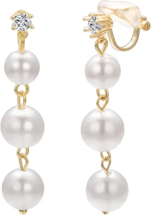 Yoursfs White Pearl Dangle Clip on Earrings for Women 18K Gold Plated Faux Pearl Drop Earrings Fashion Jewelry for Wedding Earrings