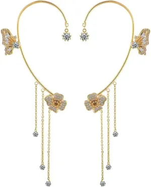 Zircon Butterfly Tassel Earrings,Butterfly Flowers no Piercing Ear Clips for Women Long Chain Crystal Butterfly Ear Cuff Earrings Prom Jewelry for Women